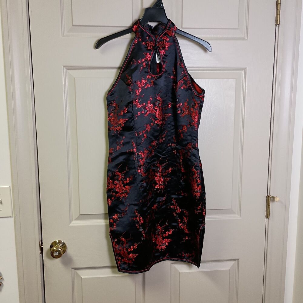Shanghai Soho Womens Halter Dress Small Red Black Asian Chinese Sleeveless